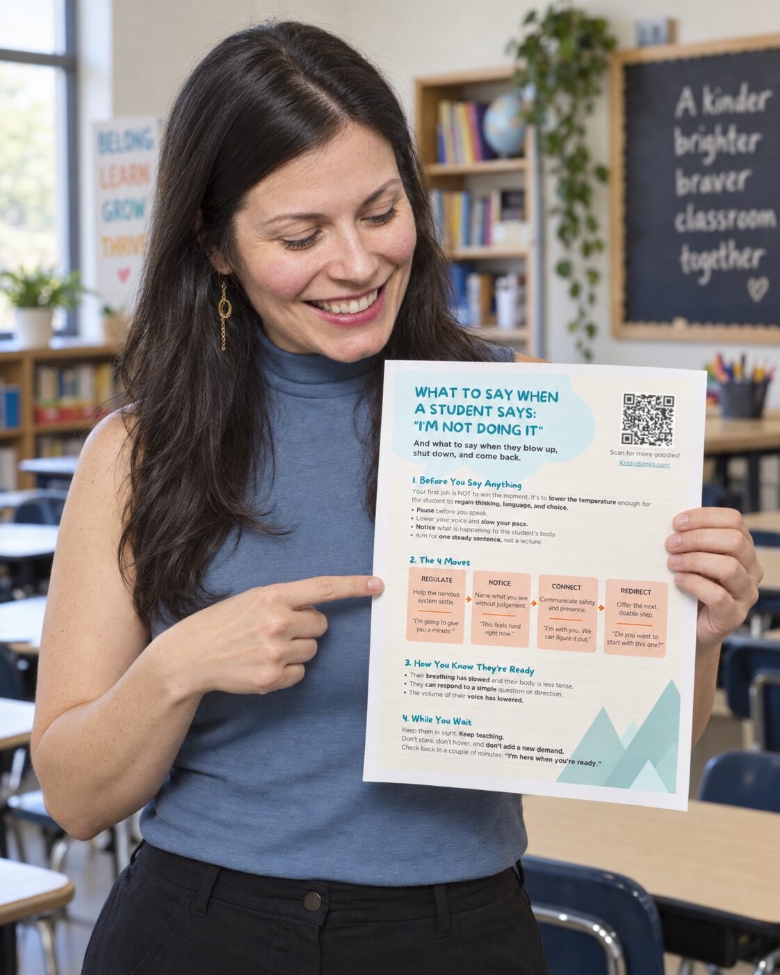 Kristy Banks holding the printable guide: What to Say When a Student Says I'm Not Doing It